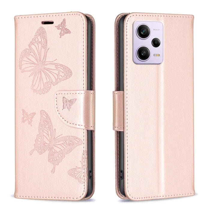 Estuche para teléfono de cuero con estampado de dos mariposas en relieve, For vivo Y02 4G, For Xiaomi Redmi 12C, For Xiaomi Redmi K60 / K60 Pro, For Xiaomi Redmi Note 12 Pro+ Global, For Xiaomi Redmi Note 12 Pro 5G Global, For Xiaomi Redmi Note 12 Global