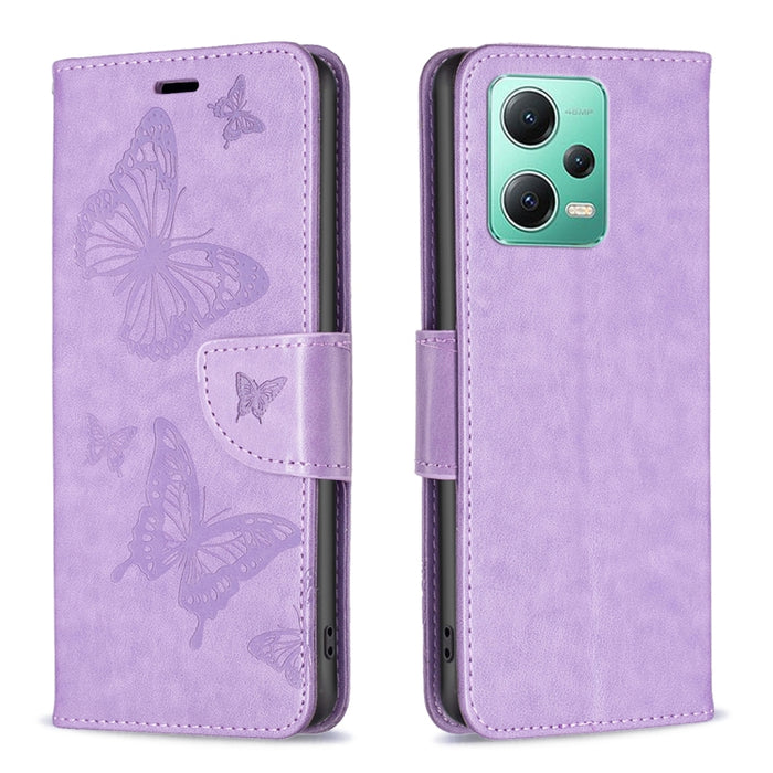 Estuche para teléfono de cuero con estampado de dos mariposas en relieve, For vivo Y02 4G, For Xiaomi Redmi 12C, For Xiaomi Redmi K60 / K60 Pro, For Xiaomi Redmi Note 12 Pro+ Global, For Xiaomi Redmi Note 12 Pro 5G Global, For Xiaomi Redmi Note 12 Global