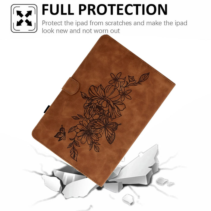 Estuche para tableta inteligente de cuero con relieve de mariposa peonía, For iPad 10.2 2020/2019 / Air 10.5 2019, For iPad 2025 / 2022, For iPad Air / Air 2 / 9.7 2017 / 9.7 2018, For iPad mini 2024 / mini 6, For iPad mini 5 / 4 / 3 / 2 / 1�����������...
