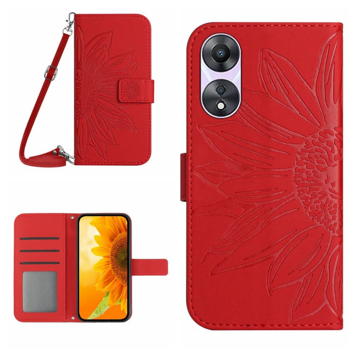 HT04 Skin Feel Sun Flower Estuche de cuero con tapa en relieve para teléfono con cordón, For OPPO Reno8 T 5G/A1 Pro 5G, For Xiaomi 13 Lite, For Samsung Galaxy A24 4G