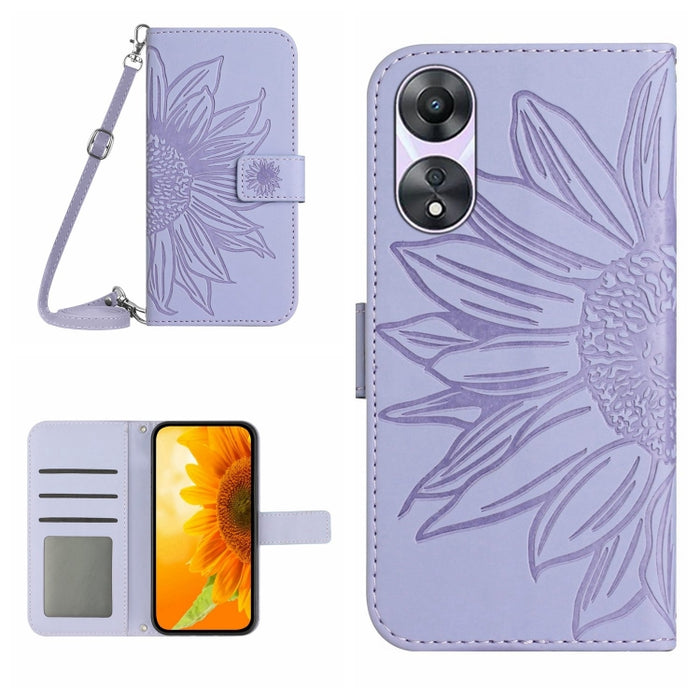 HT04 Skin Feel Sun Flower Estuche de cuero con tapa en relieve para teléfono con cordón, For OPPO Reno8 T 5G/A1 Pro 5G, For Xiaomi 13 Lite, For Samsung Galaxy A24 4G