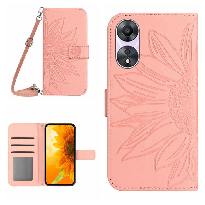 HT04 Skin Feel Sun Flower Estuche de cuero con tapa en relieve para teléfono con cordón, For OPPO Reno8 T 5G/A1 Pro 5G, For Xiaomi 13 Lite, For Samsung Galaxy A24 4G