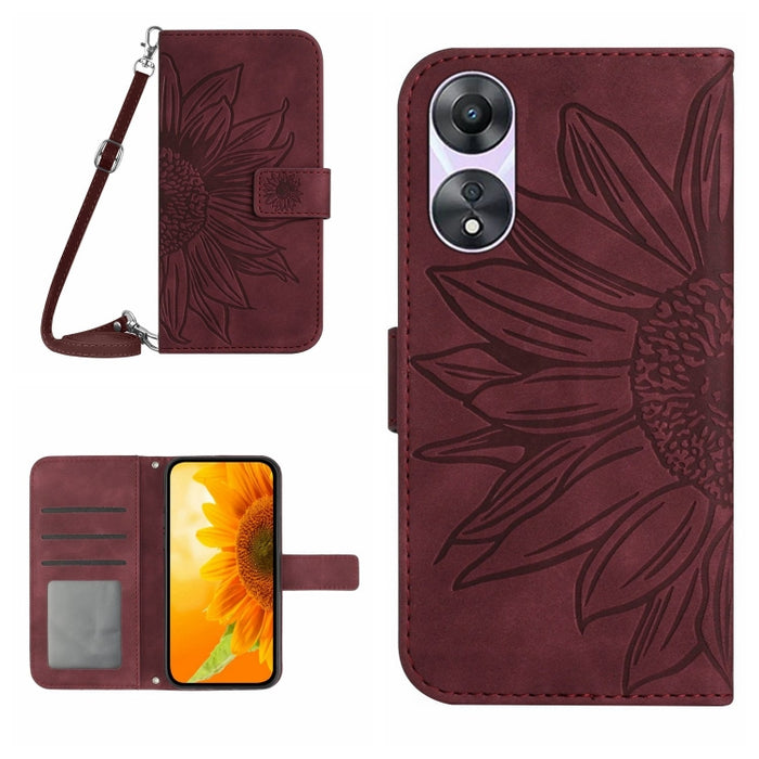HT04 Skin Feel Sun Flower Estuche de cuero con tapa en relieve para teléfono con cordón, For OPPO Reno8 T 5G/A1 Pro 5G, For Xiaomi 13 Lite, For Samsung Galaxy A24 4G