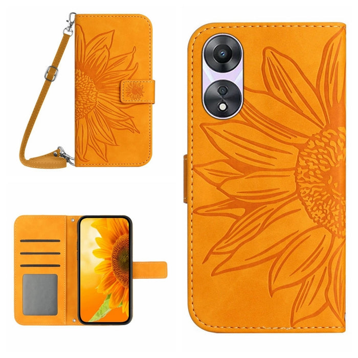 HT04 Skin Feel Sun Flower Estuche de cuero con tapa en relieve para teléfono con cordón, For OPPO Reno8 T 5G/A1 Pro 5G, For Xiaomi 13 Lite, For Samsung Galaxy A24 4G