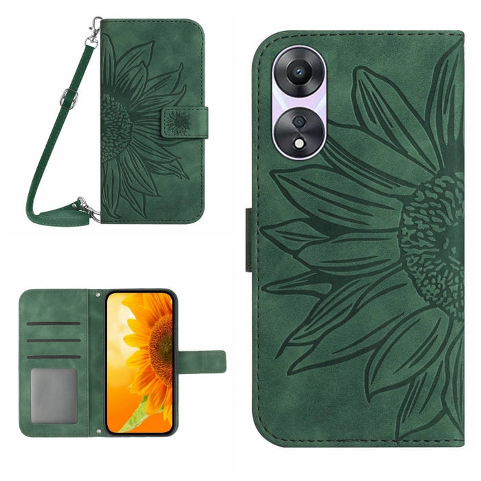 HT04 Skin Feel Sun Flower Estuche de cuero con tapa en relieve para teléfono con cordón, For OPPO Reno8 T 5G/A1 Pro 5G, For Xiaomi 13 Lite, For Samsung Galaxy A24 4G