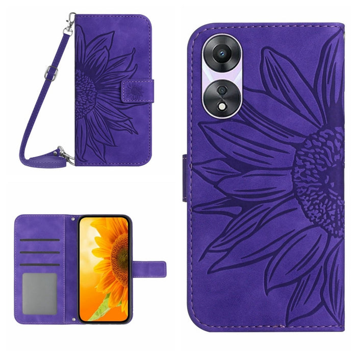 HT04 Skin Feel Sun Flower Estuche de cuero con tapa en relieve para teléfono con cordón, For OPPO Reno8 T 5G/A1 Pro 5G, For Xiaomi 13 Lite, For Samsung Galaxy A24 4G