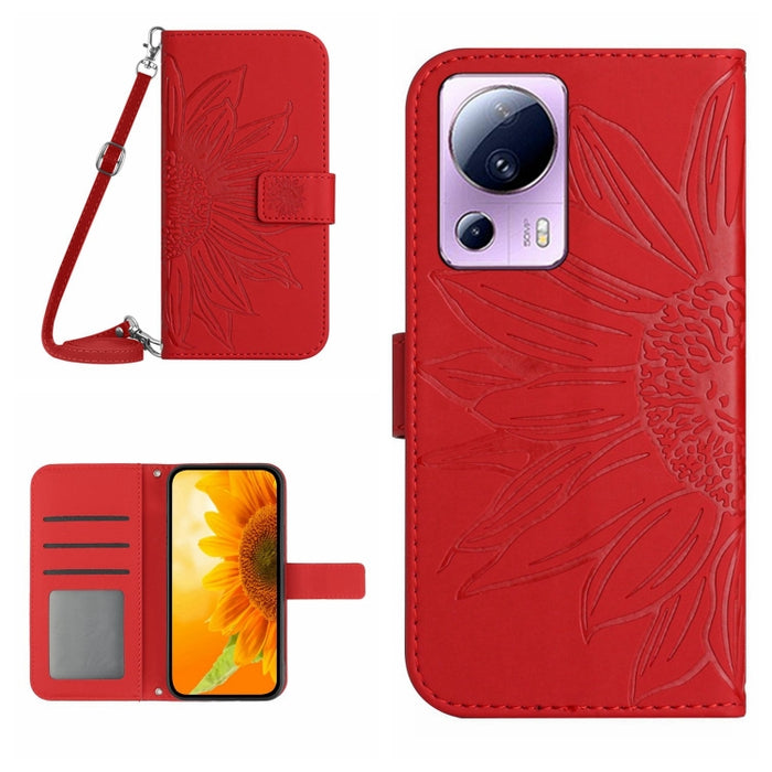 HT04 Skin Feel Sun Flower Estuche de cuero con tapa en relieve para teléfono con cordón, For OPPO Reno8 T 5G/A1 Pro 5G, For Xiaomi 13 Lite, For Samsung Galaxy A24 4G