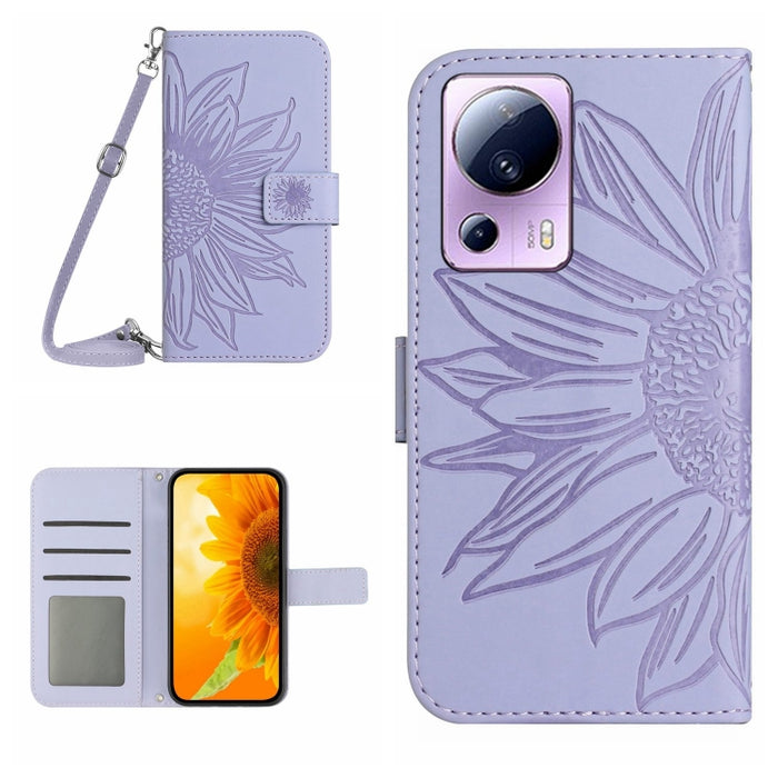 HT04 Skin Feel Sun Flower Estuche de cuero con tapa en relieve para teléfono con cordón, For OPPO Reno8 T 5G/A1 Pro 5G, For Xiaomi 13 Lite, For Samsung Galaxy A24 4G