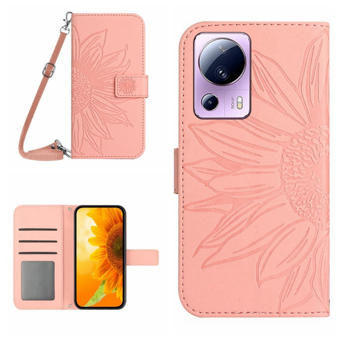 HT04 Skin Feel Sun Flower Estuche de cuero con tapa en relieve para teléfono con cordón, For OPPO Reno8 T 5G/A1 Pro 5G, For Xiaomi 13 Lite, For Samsung Galaxy A24 4G