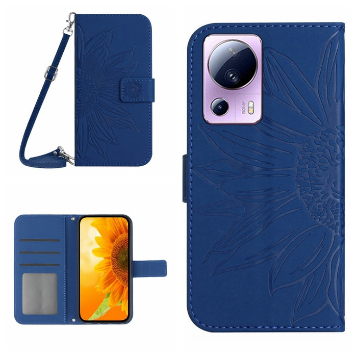 HT04 Skin Feel Sun Flower Estuche de cuero con tapa en relieve para teléfono con cordón, For OPPO Reno8 T 5G/A1 Pro 5G, For Xiaomi 13 Lite, For Samsung Galaxy A24 4G