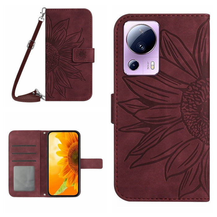 HT04 Skin Feel Sun Flower Estuche de cuero con tapa en relieve para teléfono con cordón, For OPPO Reno8 T 5G/A1 Pro 5G, For Xiaomi 13 Lite, For Samsung Galaxy A24 4G