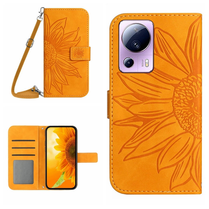 HT04 Skin Feel Sun Flower Estuche de cuero con tapa en relieve para teléfono con cordón, For OPPO Reno8 T 5G/A1 Pro 5G, For Xiaomi 13 Lite, For Samsung Galaxy A24 4G