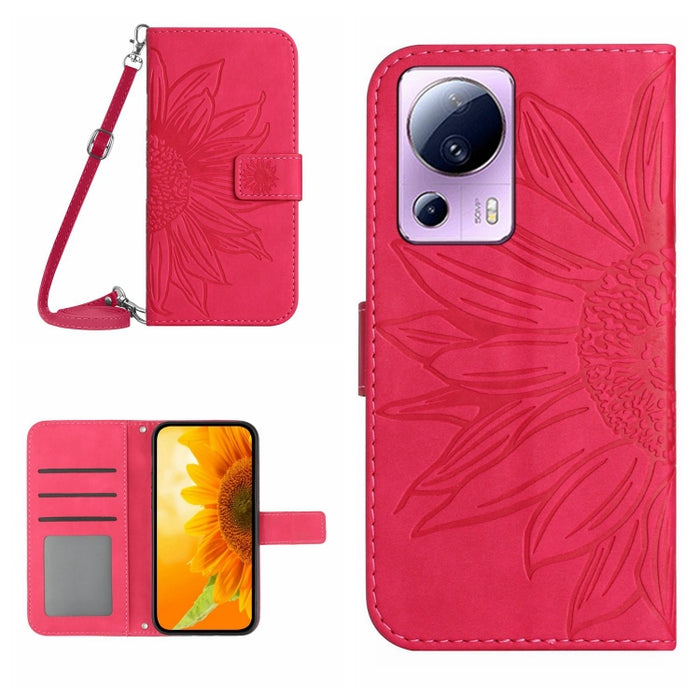 HT04 Skin Feel Sun Flower Estuche de cuero con tapa en relieve para teléfono con cordón, For OPPO Reno8 T 5G/A1 Pro 5G, For Xiaomi 13 Lite, For Samsung Galaxy A24 4G