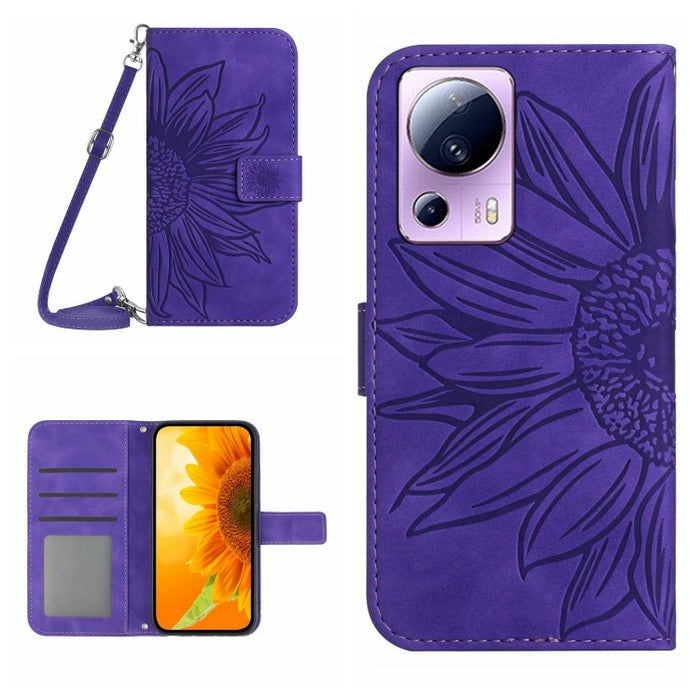 HT04 Skin Feel Sun Flower Estuche de cuero con tapa en relieve para teléfono con cordón, For OPPO Reno8 T 5G/A1 Pro 5G, For Xiaomi 13 Lite, For Samsung Galaxy A24 4G