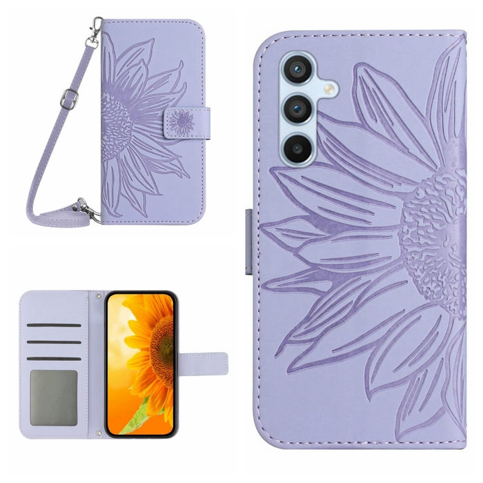 HT04 Skin Feel Sun Flower Estuche de cuero con tapa en relieve para teléfono con cordón, For OPPO Reno8 T 5G/A1 Pro 5G, For Xiaomi 13 Lite, For Samsung Galaxy A24 4G