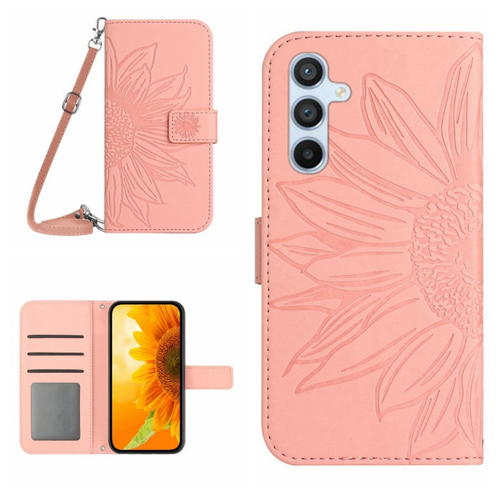 HT04 Skin Feel Sun Flower Estuche de cuero con tapa en relieve para teléfono con cordón, For OPPO Reno8 T 5G/A1 Pro 5G, For Xiaomi 13 Lite, For Samsung Galaxy A24 4G