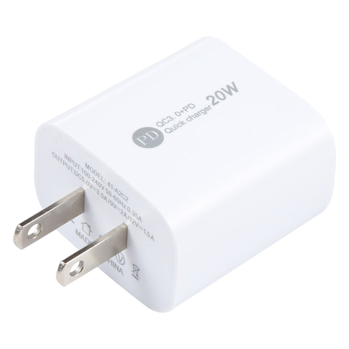 Cargador de carga rápida con interfaz USB PD 20W USB-C/Type-C+QC 3.0, especificación: enchufe de EE. UU.
