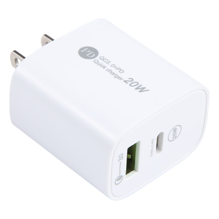 Cargador de carga rápida con interfaz USB PD 20W USB-C/Type-C+QC 3.0, especificación: enchufe de EE. UU.
