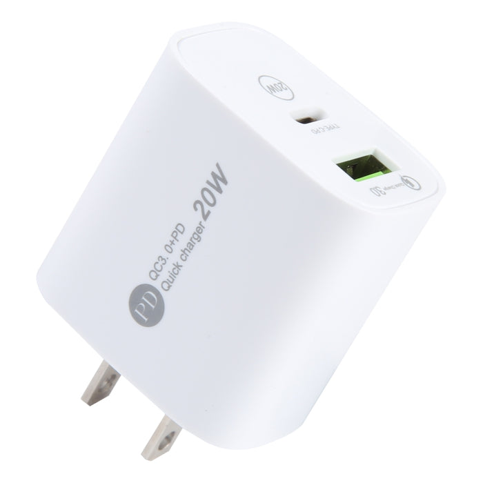 Cargador de carga rápida con interfaz USB PD 20W USB-C/Type-C+QC 3.0, especificación: enchufe de EE. UU.