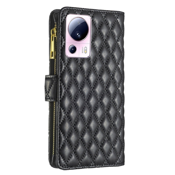 Estuche para teléfono con tapa de cuero tipo billetera con cremallera Diamond Lattice, For Xiaomi 13 Lite / Civi 2