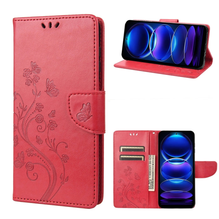 Estuche para teléfono de cuero con estampado de flores de mariposa, For OPPO Reno8 T 4G, For Xiaomi Redmi Note 12 5G Global / Poco X5 5G, For Xiaomi Redmi Note 12 Pro 5G Global, For Xiaomi Redmi Note 12 Pro+ 5G Global