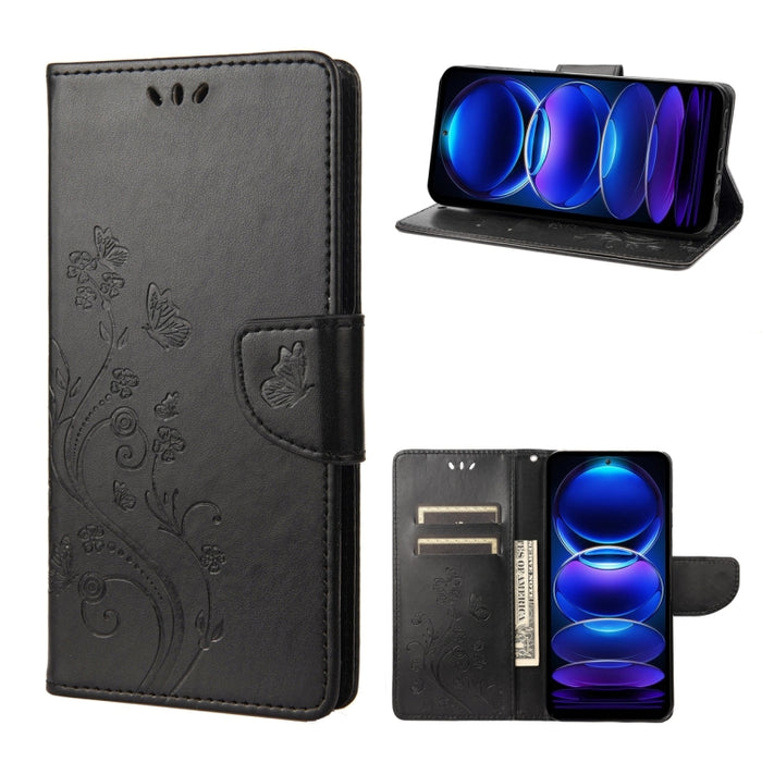 Estuche para teléfono de cuero con estampado de flores de mariposa, For OPPO Reno8 T 4G, For Xiaomi Redmi Note 12 5G Global / Poco X5 5G, For Xiaomi Redmi Note 12 Pro 5G Global, For Xiaomi Redmi Note 12 Pro+ 5G Global