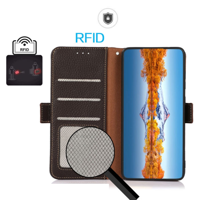 KHAZNEH Side-Magnetic Litchi Genuine Leather RFID Phone Case, For Google Pixel 7A, For Xiaomi Redmi Note 12 4G Global