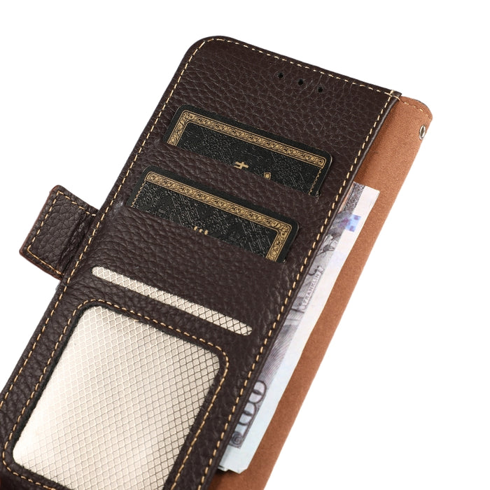 KHAZNEH Side-Magnetic Litchi Genuine Leather RFID Phone Case, For Google Pixel 7A, For Xiaomi Redmi Note 12 4G Global