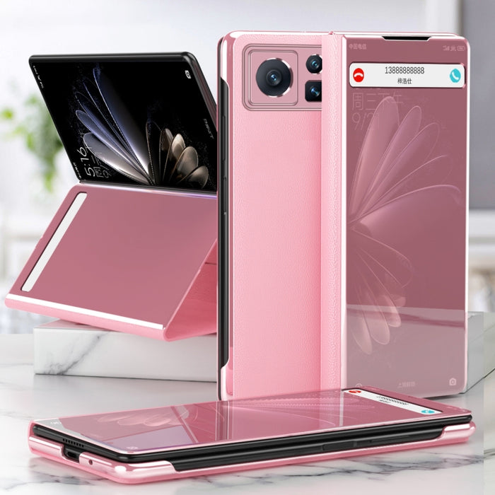 Estuche para teléfono de cuero con espejo electrochapado con soporte, For Xiaomi Mix Fold 2