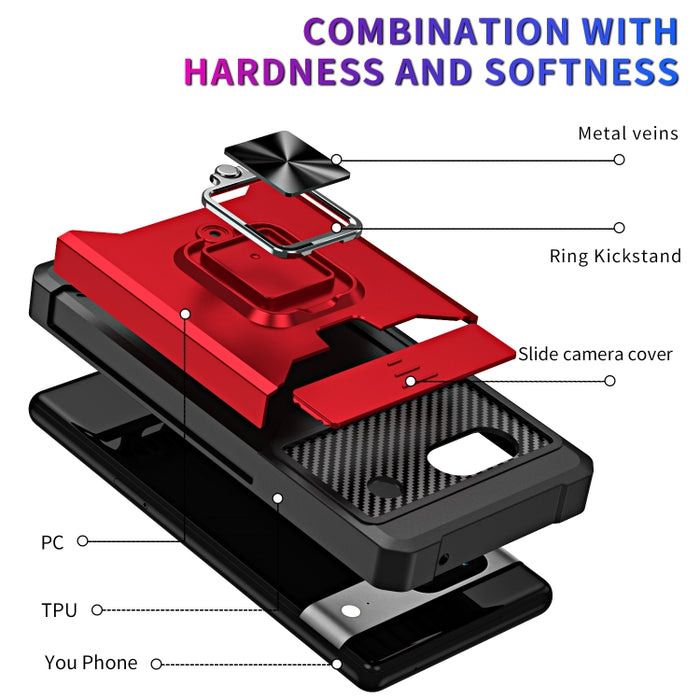 Estuche para teléfono con ranura para tarjeta y protector de cámara con soporte para anillo, For Motorola Moto G Play 2023, For Google Pixel 7a, For Xiaomi Redmi Note 12 5G / Poco X5, For Xiaomi Redmi Note 12 Pro 5G