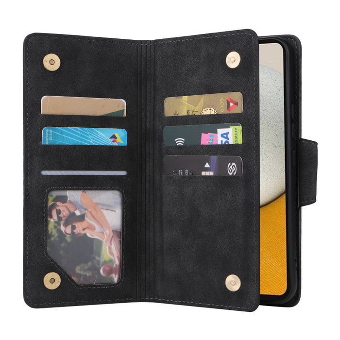 Caja de teléfono de cuero con tres pliegues para 9 tarjetas con hebilla de remache, For Samsung Galaxy A34, For Samsung Galaxy A54, For Xiaomi Redmi Note 12 5G Global / Poco X5, For Xiaomi Redmi Note 12 Pro 5G Speed / Note 12 Pro 5G Global / Poco X5 Pr...
