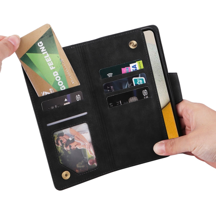Caja de teléfono de cuero con tres pliegues para 9 tarjetas con hebilla de remache, For Samsung Galaxy A34, For Samsung Galaxy A54, For Xiaomi Redmi Note 12 5G Global / Poco X5, For Xiaomi Redmi Note 12 Pro 5G Speed / Note 12 Pro 5G Global / Poco X5 Pr...
