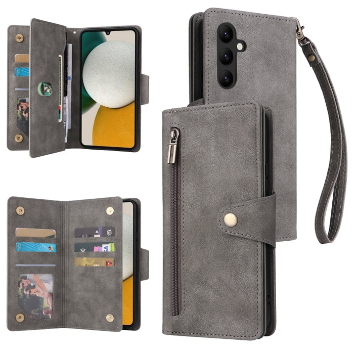 Caja de teléfono de cuero con tres pliegues para 9 tarjetas con hebilla de remache, For Samsung Galaxy A34, For Samsung Galaxy A54, For Xiaomi Redmi Note 12 5G Global / Poco X5, For Xiaomi Redmi Note 12 Pro 5G Speed / Note 12 Pro 5G Global / Poco X5 Pr...