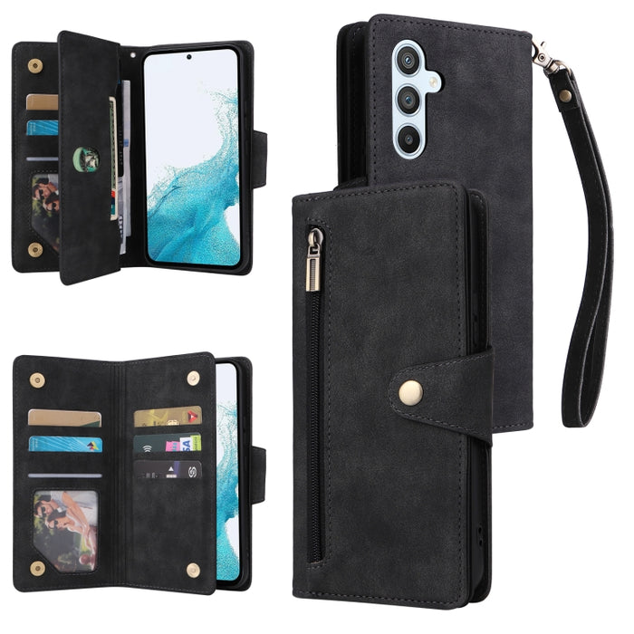 Caja de teléfono de cuero con tres pliegues para 9 tarjetas con hebilla de remache, For Samsung Galaxy A34, For Samsung Galaxy A54, For Xiaomi Redmi Note 12 5G Global / Poco X5, For Xiaomi Redmi Note 12 Pro 5G Speed / Note 12 Pro 5G Global / Poco X5 Pr...