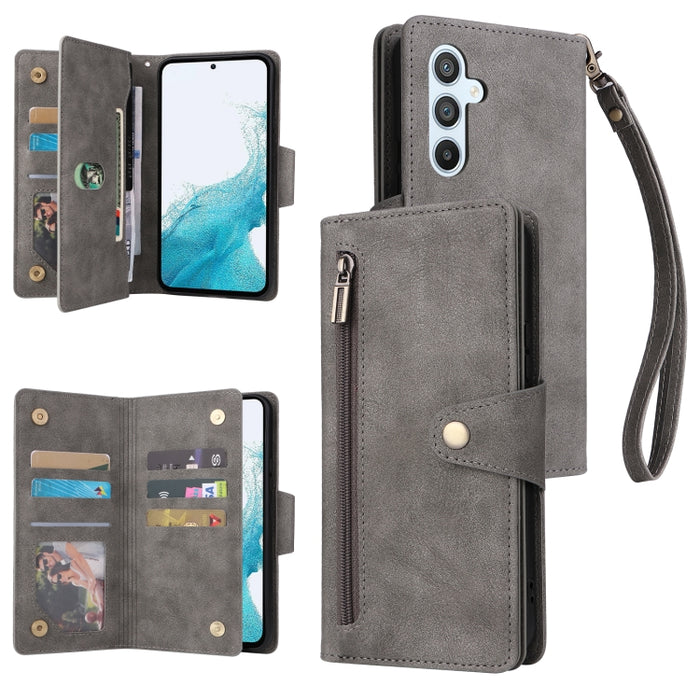 Caja de teléfono de cuero con tres pliegues para 9 tarjetas con hebilla de remache, For Samsung Galaxy A34, For Samsung Galaxy A54, For Xiaomi Redmi Note 12 5G Global / Poco X5, For Xiaomi Redmi Note 12 Pro 5G Speed / Note 12 Pro 5G Global / Poco X5 Pr...