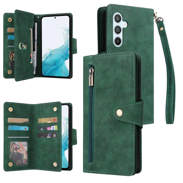 Caja de teléfono de cuero con tres pliegues para 9 tarjetas con hebilla de remache, For Samsung Galaxy A34, For Samsung Galaxy A54, For Xiaomi Redmi Note 12 5G Global / Poco X5, For Xiaomi Redmi Note 12 Pro 5G Speed / Note 12 Pro 5G Global / Poco X5 Pr...