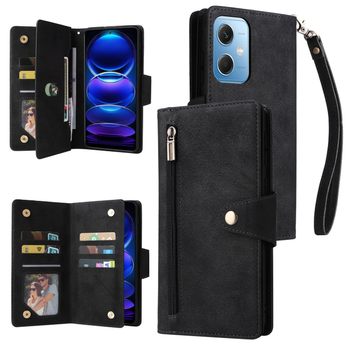 Caja de teléfono de cuero con tres pliegues para 9 tarjetas con hebilla de remache, For Samsung Galaxy A34, For Samsung Galaxy A54, For Xiaomi Redmi Note 12 5G Global / Poco X5, For Xiaomi Redmi Note 12 Pro 5G Speed / Note 12 Pro 5G Global / Poco X5 Pr...