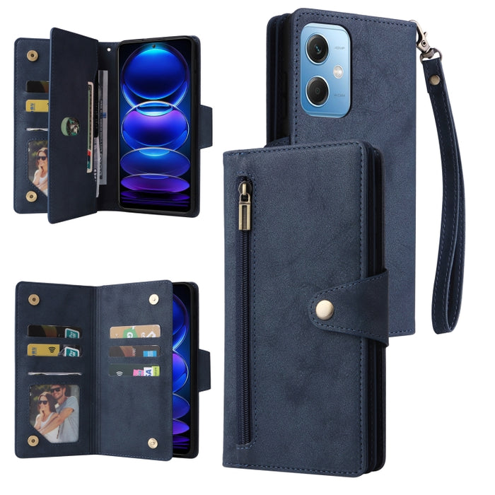 Caja de teléfono de cuero con tres pliegues para 9 tarjetas con hebilla de remache, For Samsung Galaxy A34, For Samsung Galaxy A54, For Xiaomi Redmi Note 12 5G Global / Poco X5, For Xiaomi Redmi Note 12 Pro 5G Speed / Note 12 Pro 5G Global / Poco X5 Pr...