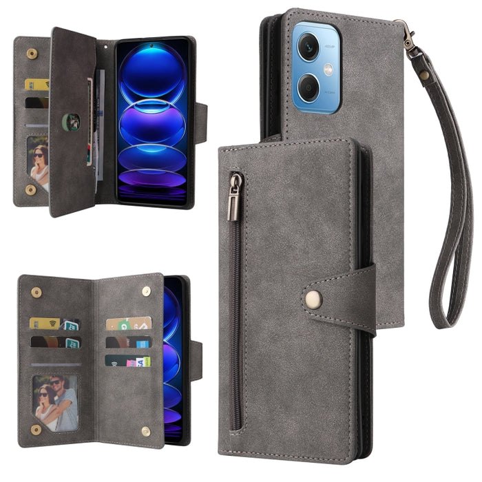 Caja de teléfono de cuero con tres pliegues para 9 tarjetas con hebilla de remache, For Samsung Galaxy A34, For Samsung Galaxy A54, For Xiaomi Redmi Note 12 5G Global / Poco X5, For Xiaomi Redmi Note 12 Pro 5G Speed / Note 12 Pro 5G Global / Poco X5 Pr...