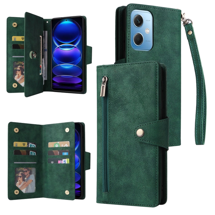 Caja de teléfono de cuero con tres pliegues para 9 tarjetas con hebilla de remache, For Samsung Galaxy A34, For Samsung Galaxy A54, For Xiaomi Redmi Note 12 5G Global / Poco X5, For Xiaomi Redmi Note 12 Pro 5G Speed / Note 12 Pro 5G Global / Poco X5 Pr...