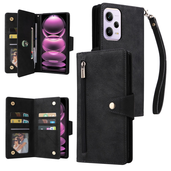 Caja de teléfono de cuero con tres pliegues para 9 tarjetas con hebilla de remache, For Samsung Galaxy A34, For Samsung Galaxy A54, For Xiaomi Redmi Note 12 5G Global / Poco X5, For Xiaomi Redmi Note 12 Pro 5G Speed / Note 12 Pro 5G Global / Poco X5 Pr...