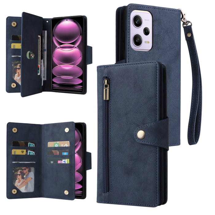 Caja de teléfono de cuero con tres pliegues para 9 tarjetas con hebilla de remache, For Samsung Galaxy A34, For Samsung Galaxy A54, For Xiaomi Redmi Note 12 5G Global / Poco X5, For Xiaomi Redmi Note 12 Pro 5G Speed / Note 12 Pro 5G Global / Poco X5 Pr...