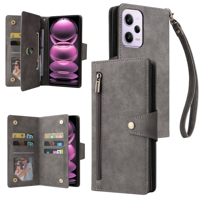 Caja de teléfono de cuero con tres pliegues para 9 tarjetas con hebilla de remache, For Samsung Galaxy A34, For Samsung Galaxy A54, For Xiaomi Redmi Note 12 5G Global / Poco X5, For Xiaomi Redmi Note 12 Pro 5G Speed / Note 12 Pro 5G Global / Poco X5 Pr...
