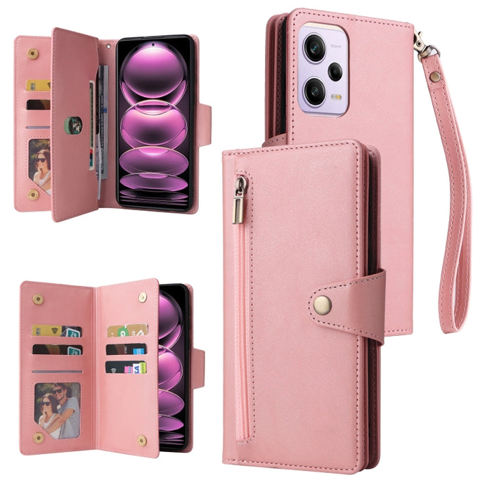 Caja de teléfono de cuero con tres pliegues para 9 tarjetas con hebilla de remache, For Samsung Galaxy A34, For Samsung Galaxy A54, For Xiaomi Redmi Note 12 5G Global / Poco X5, For Xiaomi Redmi Note 12 Pro 5G Speed / Note 12 Pro 5G Global / Poco X5 Pr...