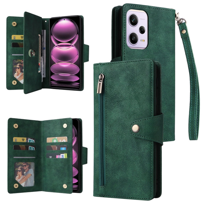 Caja de teléfono de cuero con tres pliegues para 9 tarjetas con hebilla de remache, For Samsung Galaxy A34, For Samsung Galaxy A54, For Xiaomi Redmi Note 12 5G Global / Poco X5, For Xiaomi Redmi Note 12 Pro 5G Speed / Note 12 Pro 5G Global / Poco X5 Pr...
