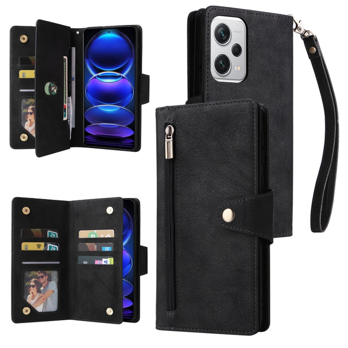 Caja de teléfono de cuero con tres pliegues para 9 tarjetas con hebilla de remache, For Samsung Galaxy A34, For Samsung Galaxy A54, For Xiaomi Redmi Note 12 5G Global / Poco X5, For Xiaomi Redmi Note 12 Pro 5G Speed / Note 12 Pro 5G Global / Poco X5 Pr...