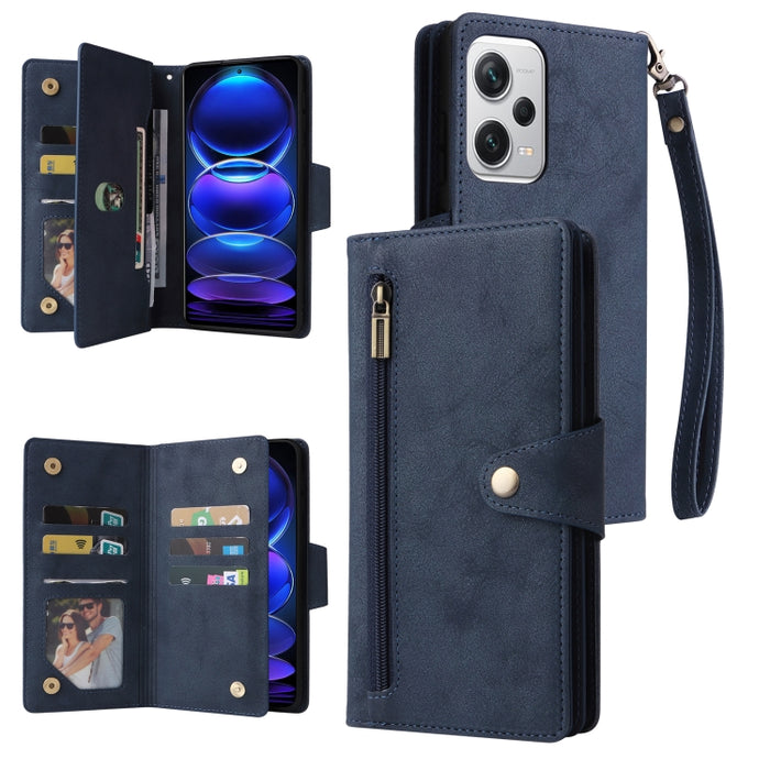 Caja de teléfono de cuero con tres pliegues para 9 tarjetas con hebilla de remache, For Samsung Galaxy A34, For Samsung Galaxy A54, For Xiaomi Redmi Note 12 5G Global / Poco X5, For Xiaomi Redmi Note 12 Pro 5G Speed / Note 12 Pro 5G Global / Poco X5 Pr...