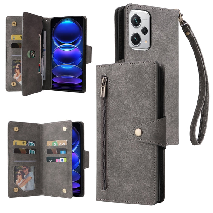 Caja de teléfono de cuero con tres pliegues para 9 tarjetas con hebilla de remache, For Samsung Galaxy A34, For Samsung Galaxy A54, For Xiaomi Redmi Note 12 5G Global / Poco X5, For Xiaomi Redmi Note 12 Pro 5G Speed / Note 12 Pro 5G Global / Poco X5 Pr...