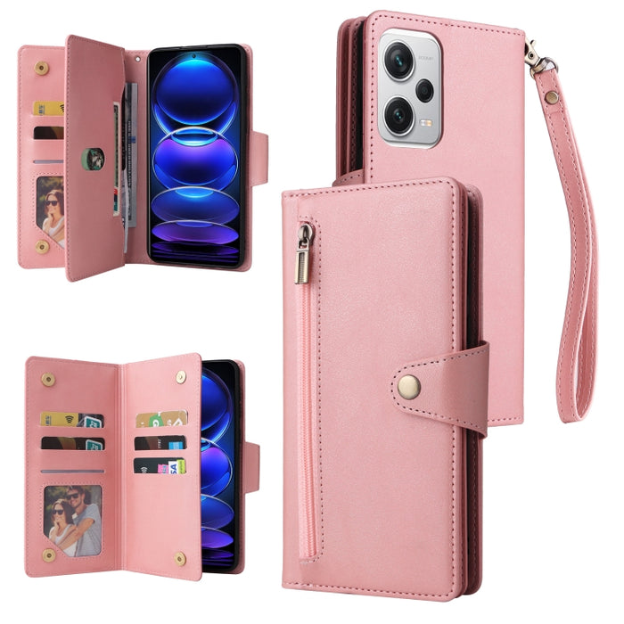 Caja de teléfono de cuero con tres pliegues para 9 tarjetas con hebilla de remache, For Samsung Galaxy A34, For Samsung Galaxy A54, For Xiaomi Redmi Note 12 5G Global / Poco X5, For Xiaomi Redmi Note 12 Pro 5G Speed / Note 12 Pro 5G Global / Poco X5 Pr...