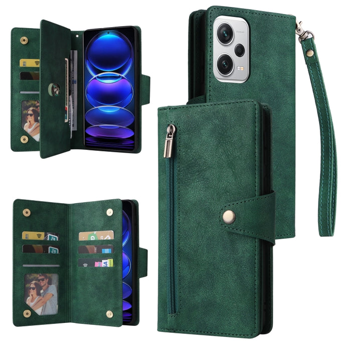 Caja de teléfono de cuero con tres pliegues para 9 tarjetas con hebilla de remache, For Samsung Galaxy A34, For Samsung Galaxy A54, For Xiaomi Redmi Note 12 5G Global / Poco X5, For Xiaomi Redmi Note 12 Pro 5G Speed / Note 12 Pro 5G Global / Poco X5 Pr...
